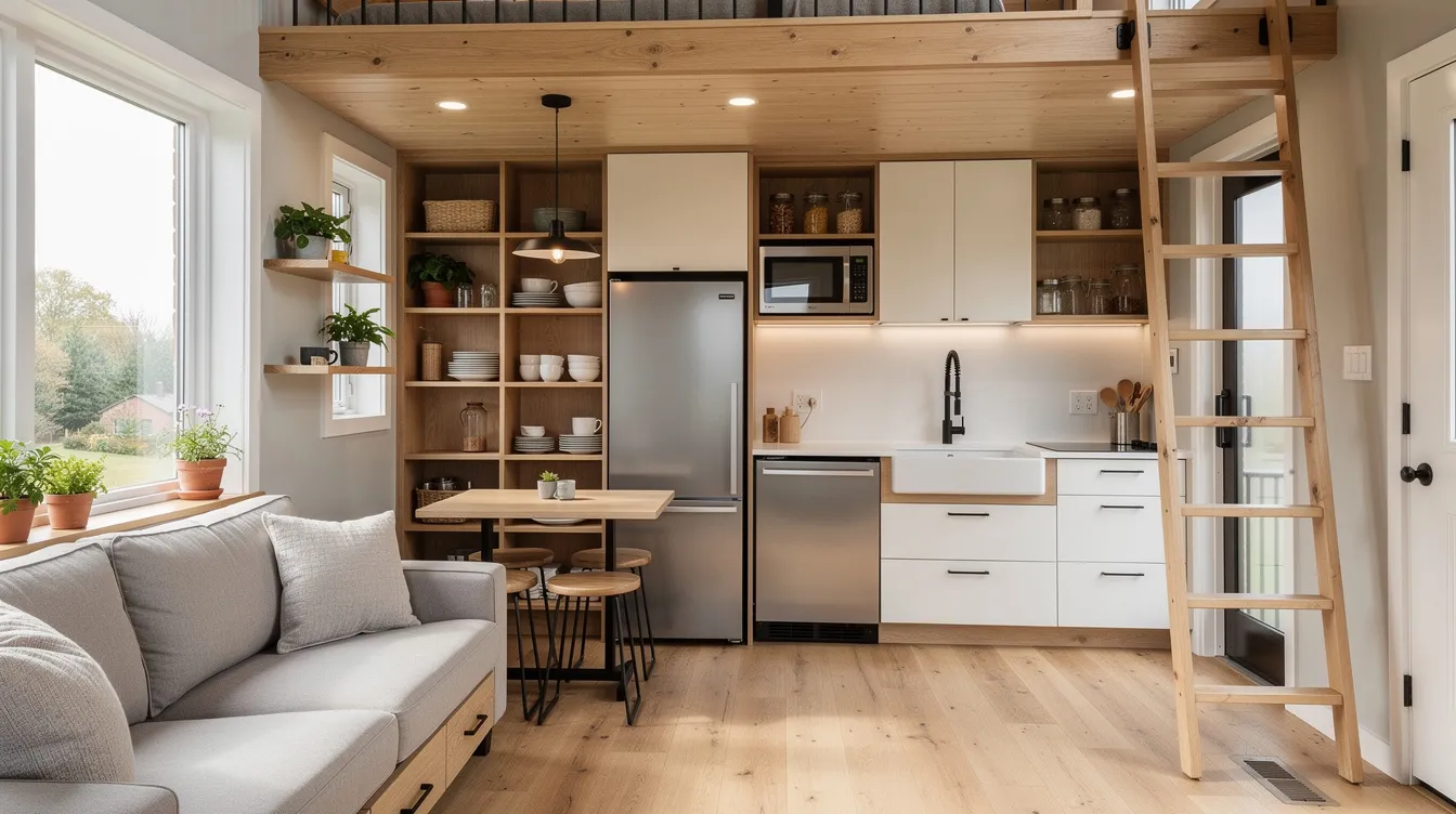 38d077189ab64bd0ae0991465ba9a12a The image showcases the interior of a cozy tiny home featuring efficient storage solutions and modern kitchen amenities that embody the principles of tiny living This space highlights the charm and functionality of custom tiny homes perfect for full time living in Kansas or any rural area