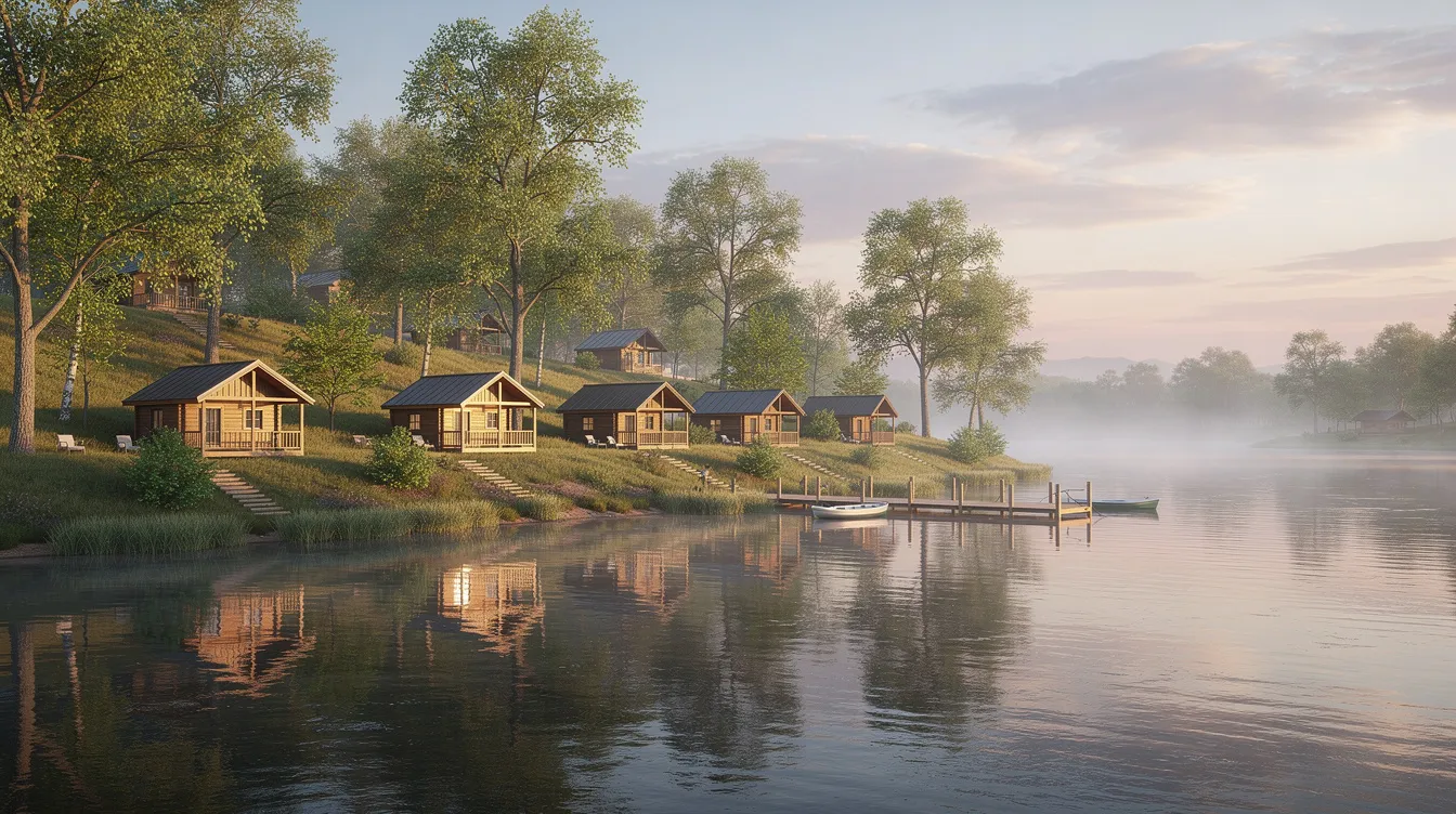 3967c4118495438f843cdf9ee64d1643 The image features a cluster of small wooden homes or tiny houses surrounded by trees near a wide river with a boat dock visible in the foreground This picturesque setting highlights the charm of tiny home communities in Mississippi offering residents a peaceful lifestyle immersed in nature
