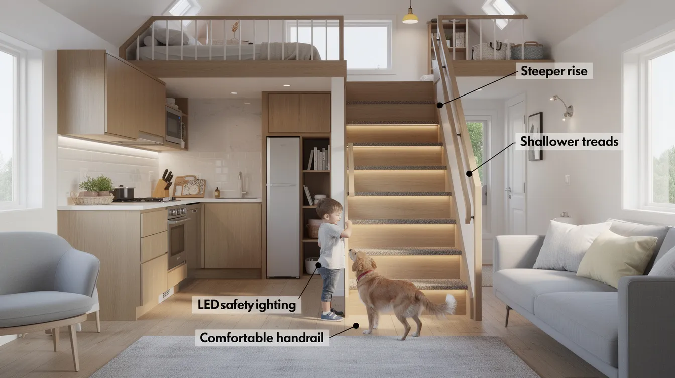 3c2c1ff7674b4177a3e089b2b11b2cac The image showcases a modern tiny house staircase designed for space saving featuring a steep rise and compact treads that enhance safety and comfort while integrating storage underneath This innovative staircase design allows for easy access to the loft area making it a perfect solution for tiny homeowners looking to maximize limited space