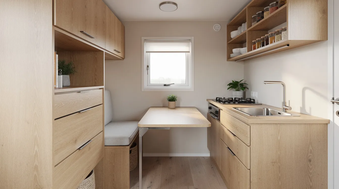 3c51eb1027ba480194ccc4d4505dca96 The image depicts the interior of a compact tiny home featuring wooden cabinetry and clever storage solutions showcasing a sustainable lifestyle in a limited space This efficient design emphasizes high quality materials and a functional floor plan making it an affordable option for tiny home buyers looking to save money while enjoying the freedom of a mobile home