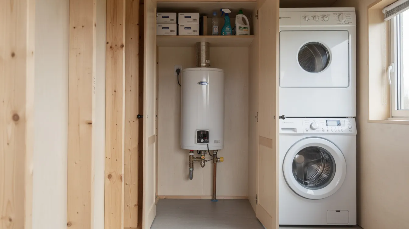 3d134f3f2747432497a695c235921b36 A compact tankless water heater is installed in a small utility space within a tiny house showcasing a space saving design ideal for efficient hot water heating This on demand heater provides instant hot water making it perfect for tiny homeowners seeking to maximize functionality in limited floor space