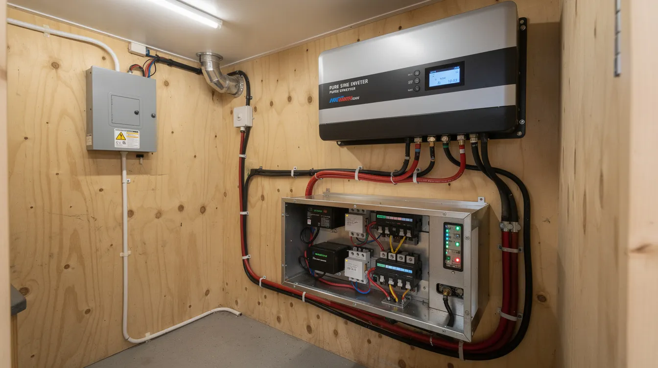 3d3bb3141cd44c9aa09f8e2045681750 The image shows a lithium battery bank and inverter neatly installed inside a tiny house utility closet demonstrating an efficient solar power system setup for off grid living This setup highlights the importance of battery storage for managing energy consumption and reducing utility bills in a tiny home