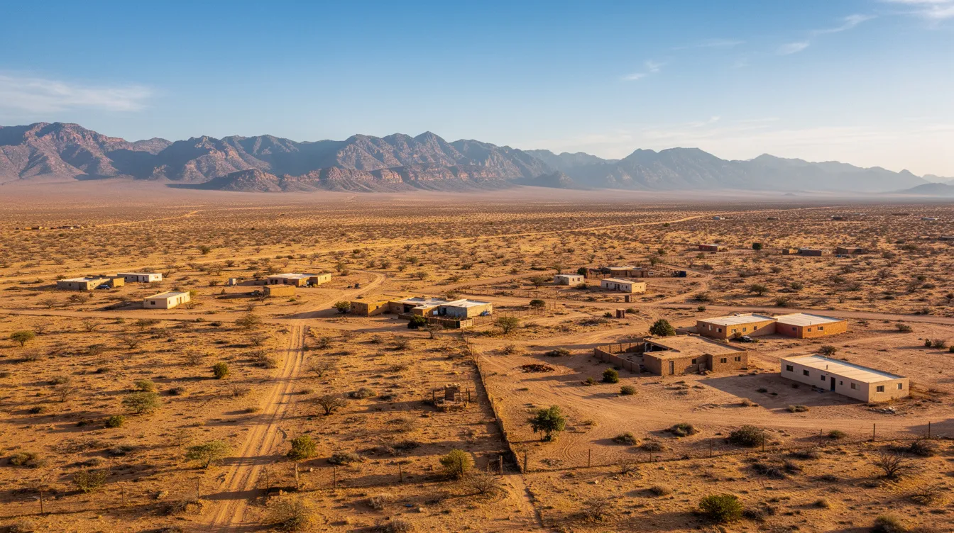 3d73bb222537495eac0b0ba9c69f5431 An aerial view captures a serene desert landscape in New Mexico dotted with small fully furnished tiny homes within a tiny house community set against the backdrop of distant mountains under a clear blue sky This peaceful setting reflects a sustainable lifestyle and community living inviting residents and visitors alike to enjoy the beauty of tiny home living in a rural area