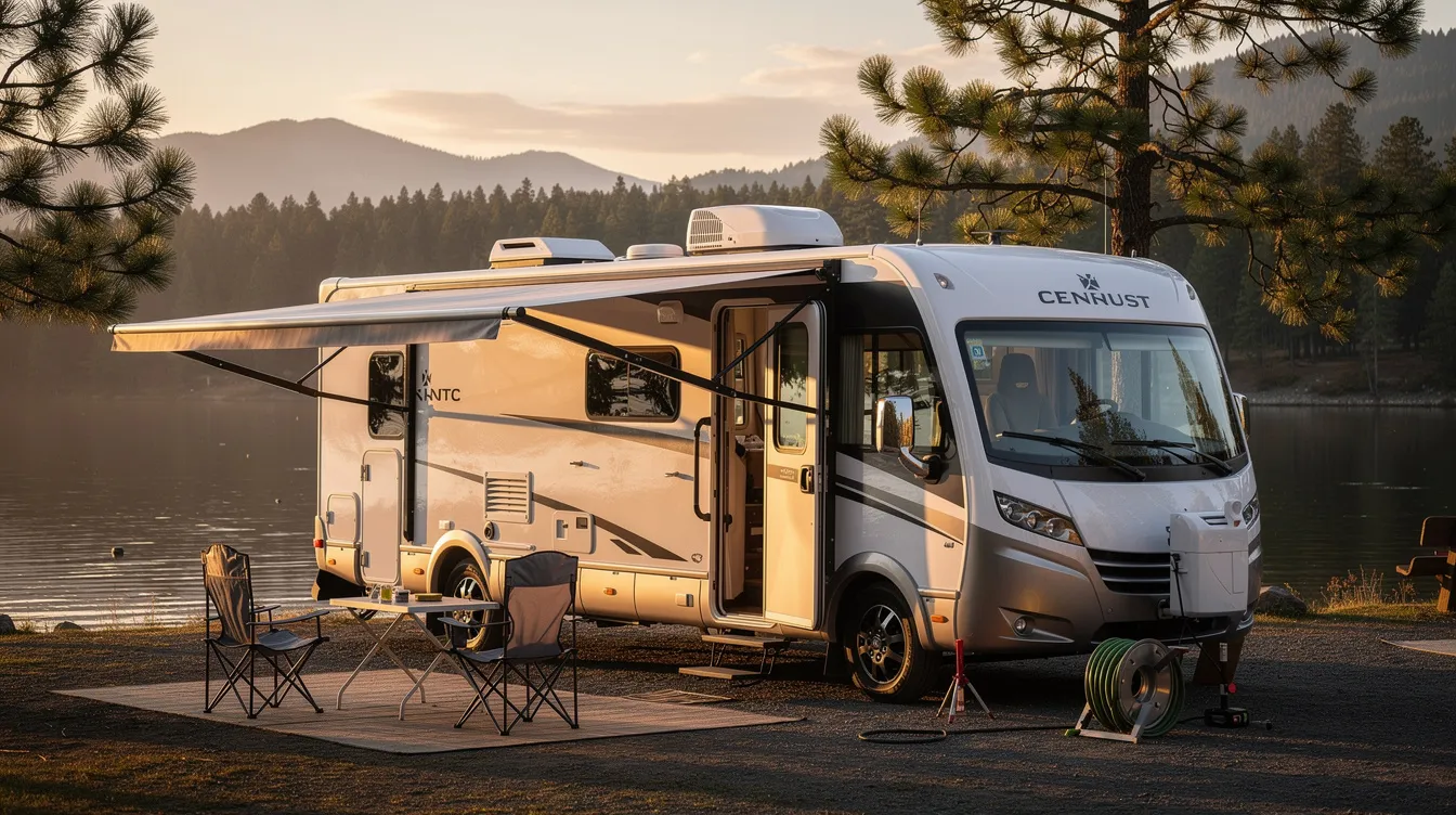 3d994fe2cbeb4ef09bf791a9e01433b9 The image features a recreational vehicle RV parked in a scenic outdoor setting highlighting the mobile lifestyle associated with RV living This visual represents the concept of alternative financing options such as RV loans for those considering the flexibility of living in a mobile home versus traditional mortgages