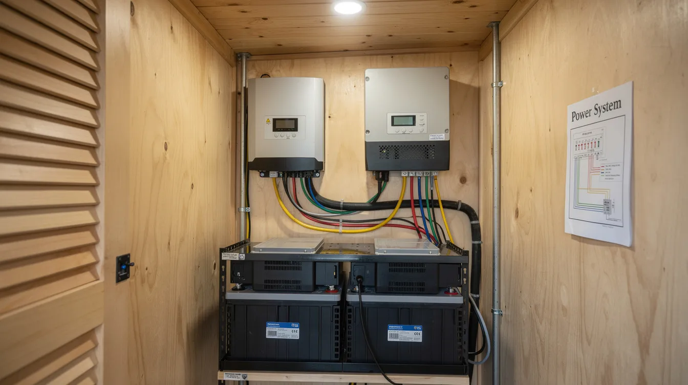 3e085bab894847e1b68fc9220ab8e4ee The image shows a battery bank and inverter equipment neatly installed inside a tiny home utility closet highlighting the compact and efficient setup for solar power This arrangement is essential for off grid living providing backup power and managing energy consumption for appliances in the tiny house