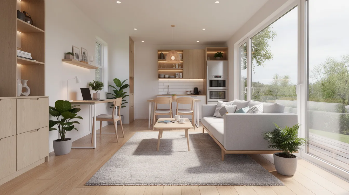 3e7a98fd848648d488c9b767e0a34c63 This image showcases a bright tiny house interior featuring large windows that flood the open floor plan with natural light Distinct living zones are visible including a cozy reading nook a functional dining area with a small table and a compact kitchen all designed for efficient use of space in this charming small home