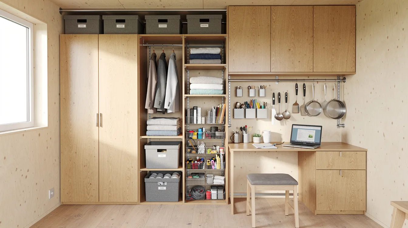 3ec9e594eb48488488b05632effd953e The image showcases a tiny house interior featuring innovative vertical wall storage systems including floating shelves and tall cabinets that maximize space while keeping the floor clear This design effectively utilizes vertical space to organize small items creating a functional and clutter free living area