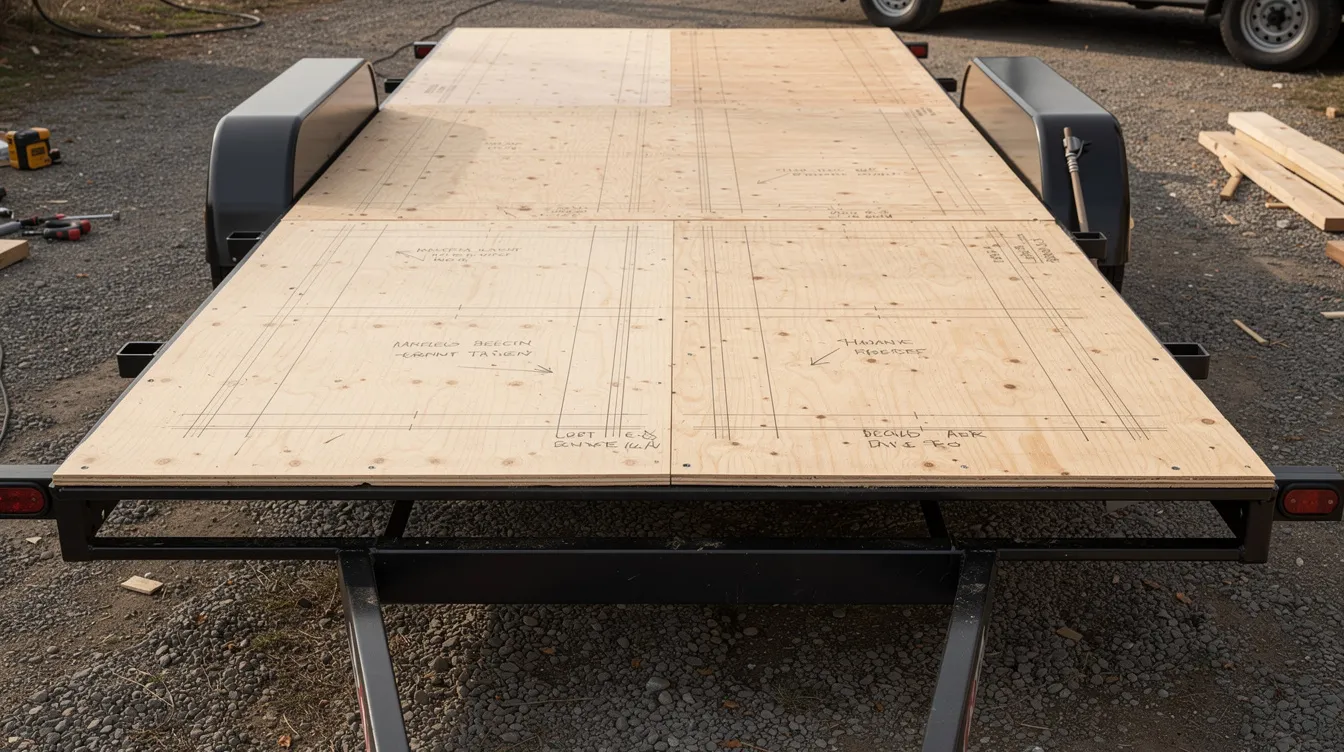 3ee8ab1bd45a428b8a7720eb4c616145 The image shows a completed subfloor platform on a tiny house trailer featuring visible pencil layout lines that indicate the framing plans for the interior walls This setup is essential for ensuring structural integrity in the tiny home build providing a level surface for the future construction of the tiny house