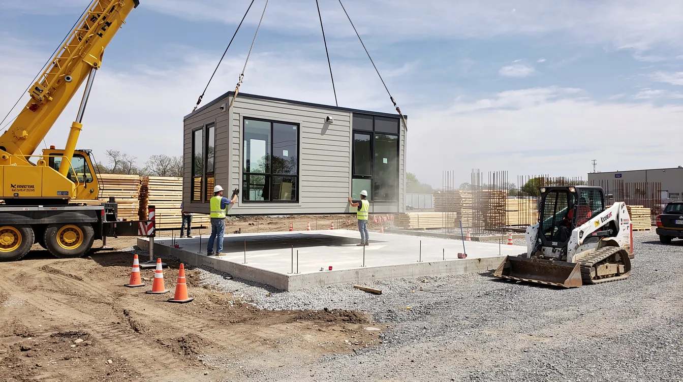 3f18dec5a87d420ba2ecb906bce9ecb8 The image shows a tiny home being installed on a concrete foundation surrounded by construction equipment highlighting the process of tiny house building in compliance with local building codes This scene reflects the growing tiny house movement and the importance of adhering to tiny house regulations for successful installation