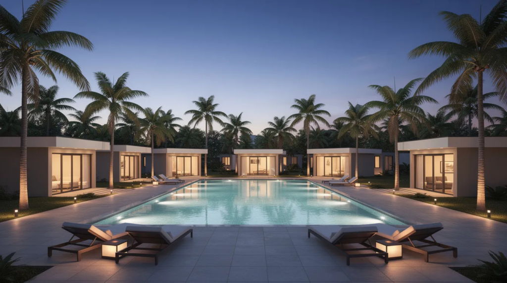3f7d7c944b6a49bb9447c7bf503b107e The image depicts a resort style pool surrounded by modern tiny homes with palm trees providing a tropical ambiance This scene captures a vibrant tiny home community in Nevada ideal for those looking to enjoy leisure activities like swimming and relaxing in a friendly environment