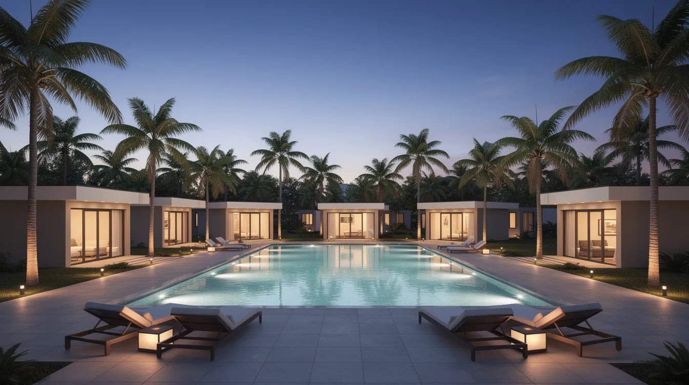 3f7d7c944b6a49bb9447c7bf503b107e The image depicts a resort style pool surrounded by modern tiny homes with palm trees providing a tropical ambiance This scene captures a vibrant tiny home community in Nevada ideal for those looking to enjoy leisure activities like swimming and relaxing in a friendly environment