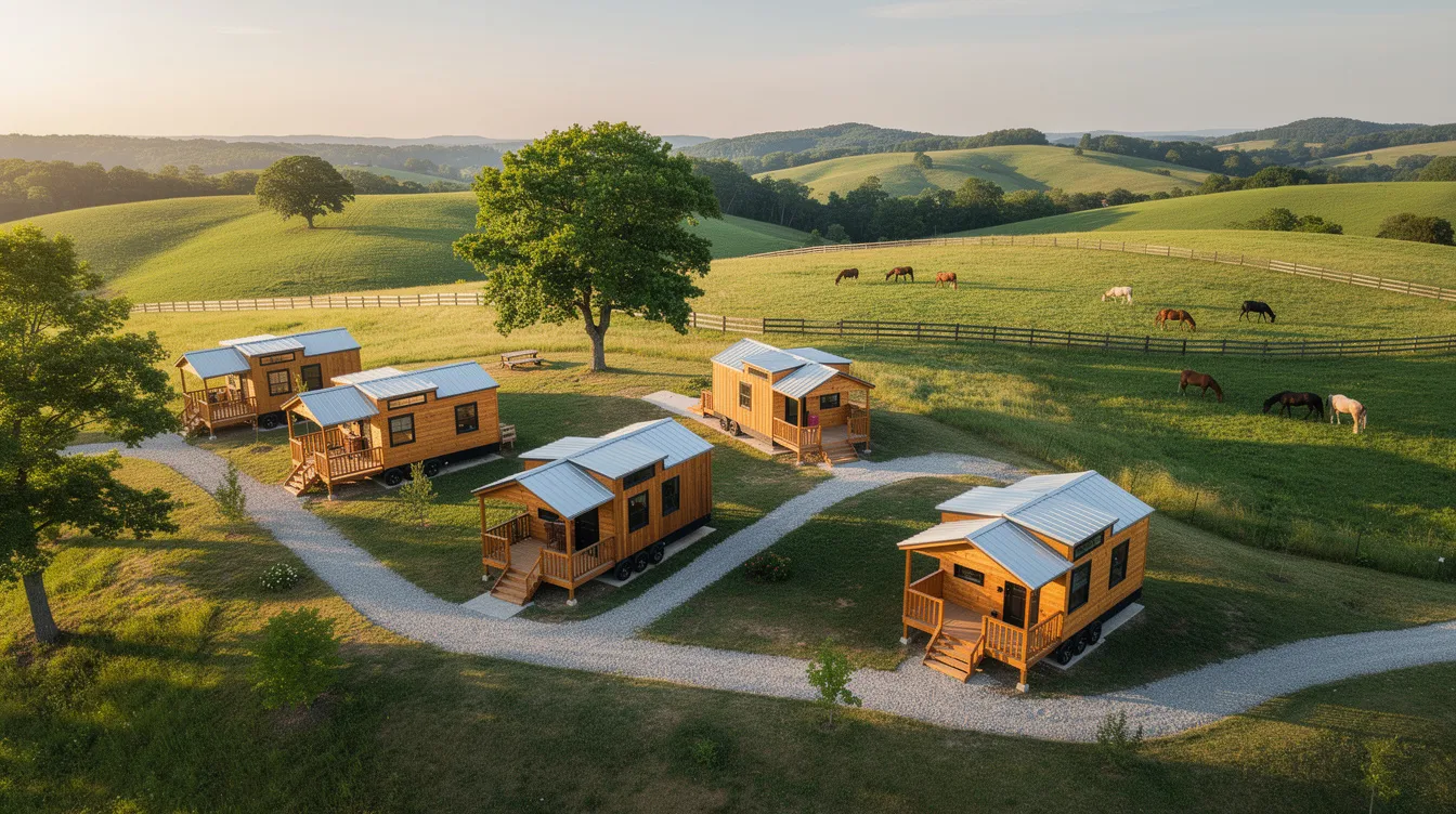 3ff154b5a7994b21b6af0108416a31fd An aerial view showcases a tiny house community in Kentucky featuring small wooden tiny homes nestled among lush rolling hills with grazing horses in the background embodying the natural beauty and simplicity of tiny living The scene highlights the tranquil setting perfect for community events and outdoor activities surrounded by quiet surroundings and picturesque landscapes