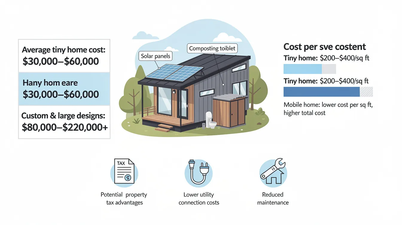 4099867a1d164a85a524ea3e142da57c The image illustrates the financial aspects of tiny homes showing a comparison of costs ranging from 000 to over 0000 for custom built options alongside the benefits of lower property taxes and utility costs It highlights the appeal of tiny living emphasizing energy efficiency features like solar panels and composting toilets which contribute to self sufficiency and reduced expenses compared to traditional homes and mobile homes