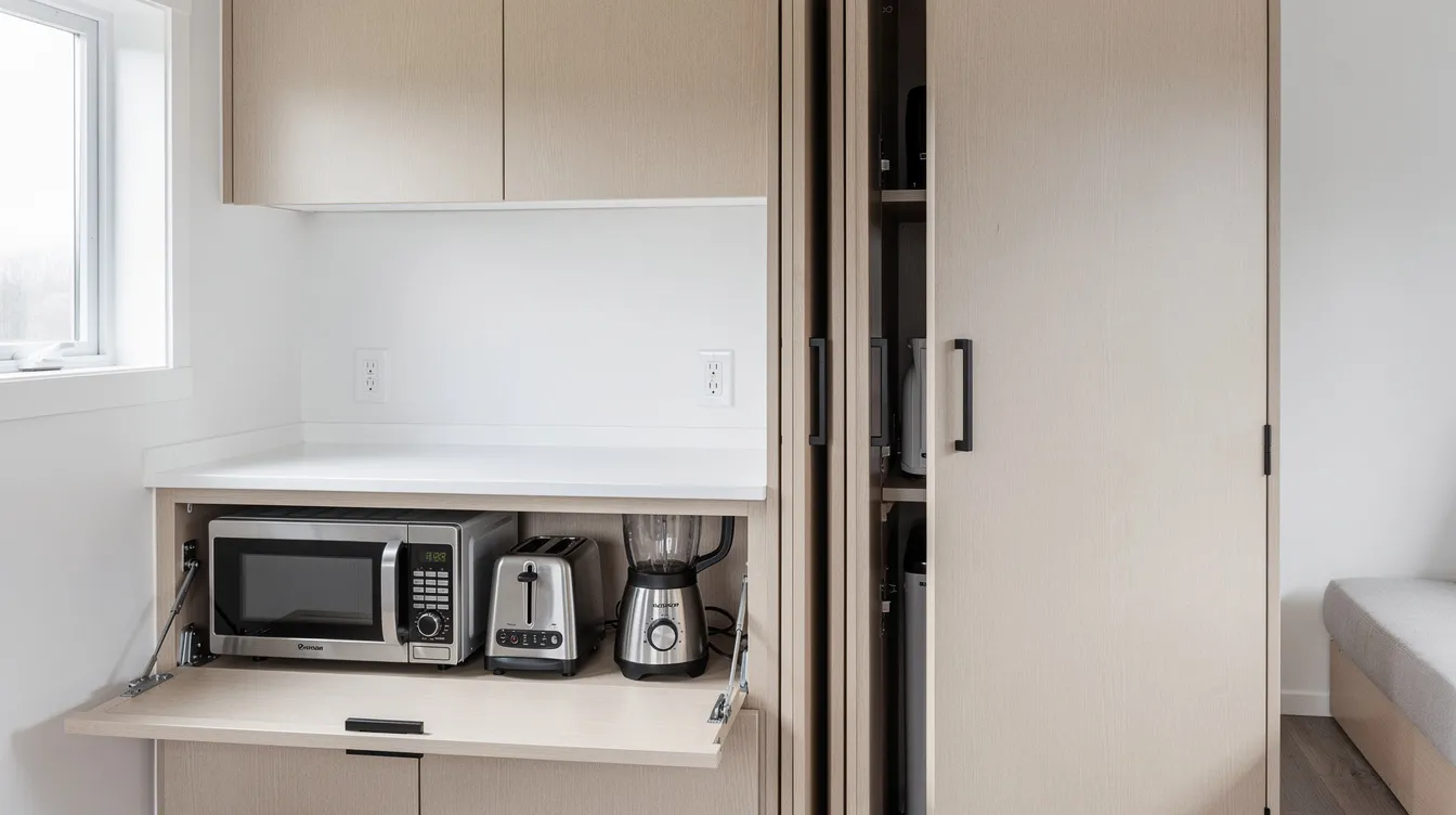 40a02fa4364a4b37861ad50c1d989bff The image showcases a tiny house kitchen featuring hidden appliance storage with built in electrical outlets designed to keep a microwave toaster and blender concealed yet easily accessible This efficient use of space helps maintain a clean countertop appearance ideal for minimalist tiny house living while maximizing workspace and reducing clutter
