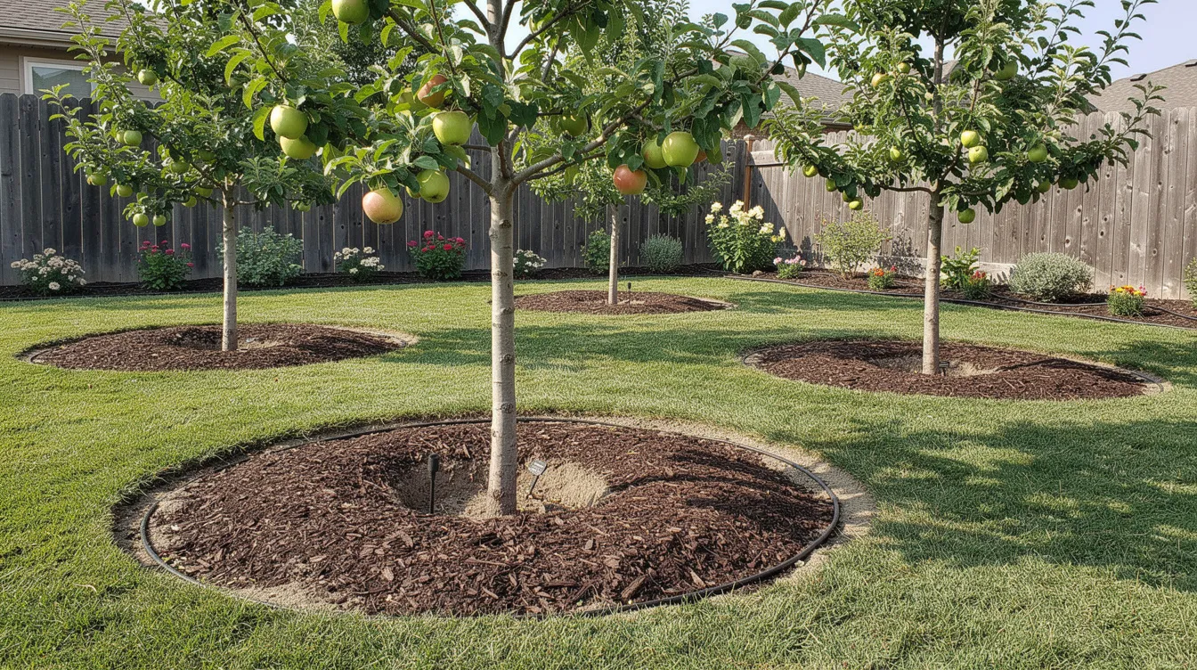 40c6a6e90ebb4883bec42c99c18530f7 The image depicts mulch basins surrounding fruit trees in a backyard garden designed to retain moisture and nourish the plants This setup exemplifies sustainable gardening practices that many tiny house owners may adopt to efficiently manage water potentially integrating a grey water system to enhance soil health