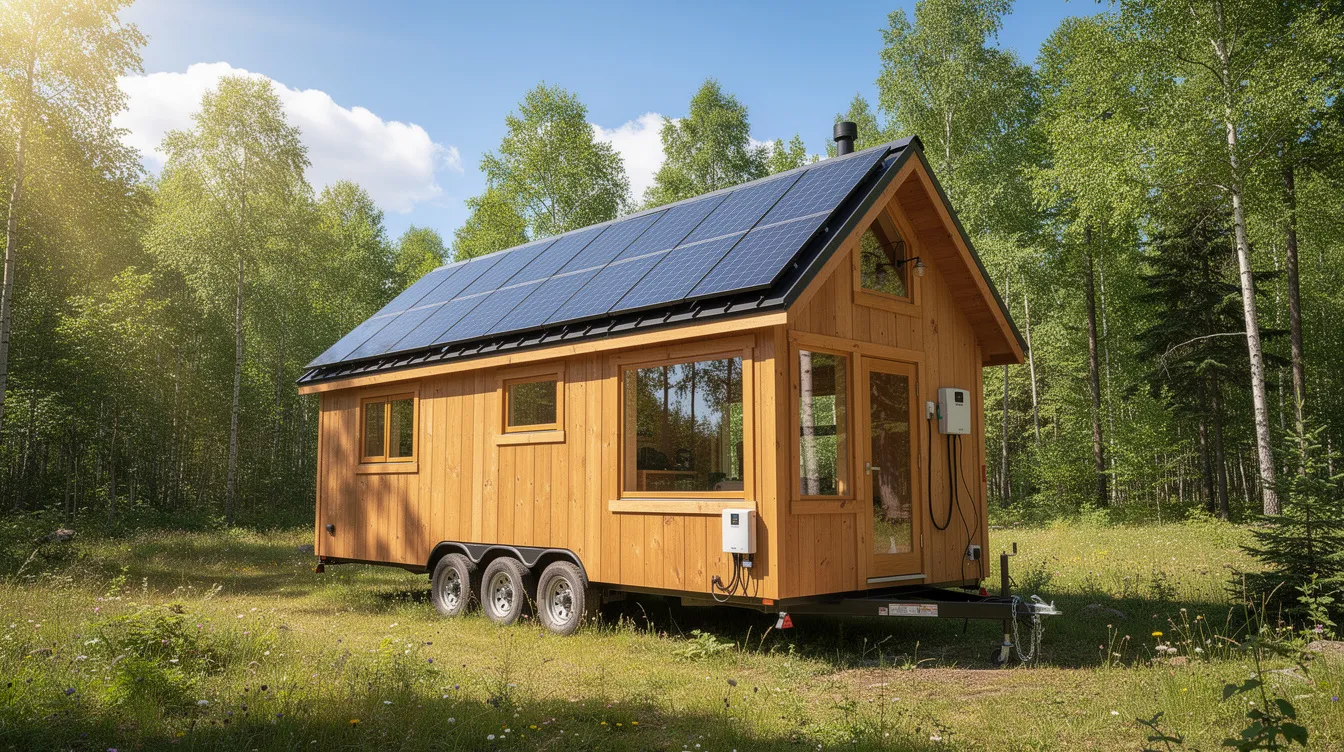 42adaf58d3244e5f83bd5c1b62a1243c The image shows solar panels installed on the roof of a tiny house on wheels positioned in a sunny clearing highlighting the integration of solar power as a sustainable power source for the tiny house's electrical system. This setup exemplifies how many tiny houses utilize solar panels to meet their electrical needs efficiently.