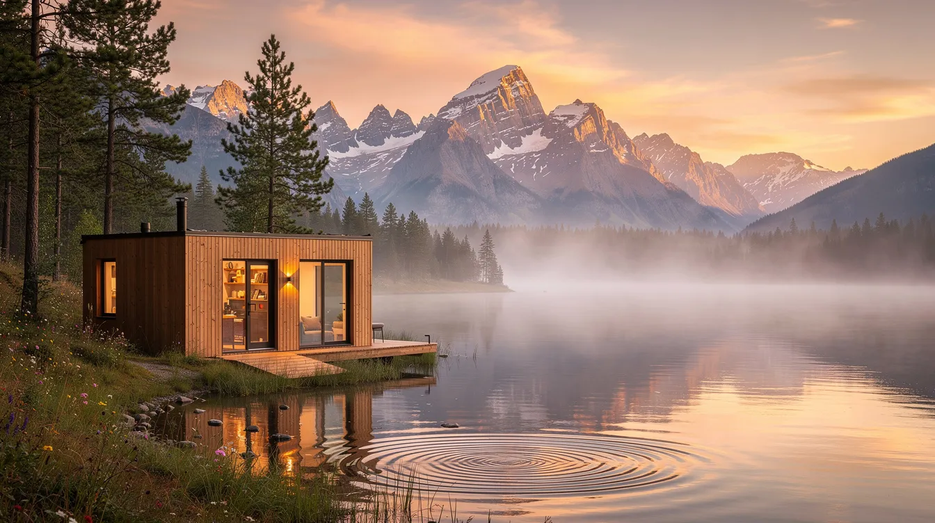 43895e542d7c4f6a8c65a40806d46789 A cozy tiny home sits beside a calm lake framed by majestic mountains in the background during a vibrant sunset This tranquil scene embodies the essence of tiny living showcasing a peaceful retreat in Pennsylvania's beautiful landscape.