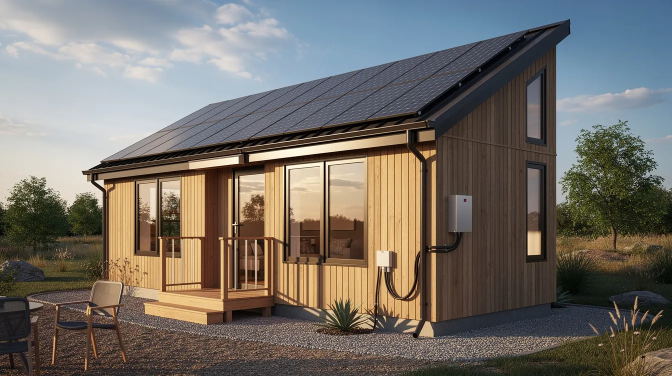 443d6b0757c743aaa3dd2a464a5aaaf8 The image depicts a complete tiny house exterior featuring a roof mounted solar array showcasing solar panels that harness solar power for off grid living This setup is designed to provide backup power and meet the energy needs of the tiny home emphasizing the efficiency of off grid solar systems