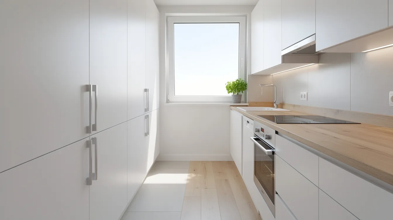 4459e2a41db1487ab351447c893d18dc The image features a compact galley kitchen designed for tiny house living showcasing white floor to ceiling cabinets that maximize vertical space and efficient storage Natural light streams through a window enhancing the airy atmosphere and highlighting the open shelving and workspace on the counter