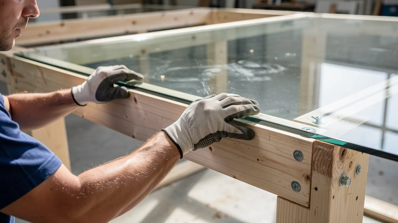 445b66f9b9704c2caa654bf7d8a7d5e4 A close up view of hands carefully installing a large glass panel into a wooden frame structure showcasing the construction of a tiny house greenhouse attached to the living area The panel allows for natural light to enter enhancing the interior space and creating a perfect environment for plants and food production