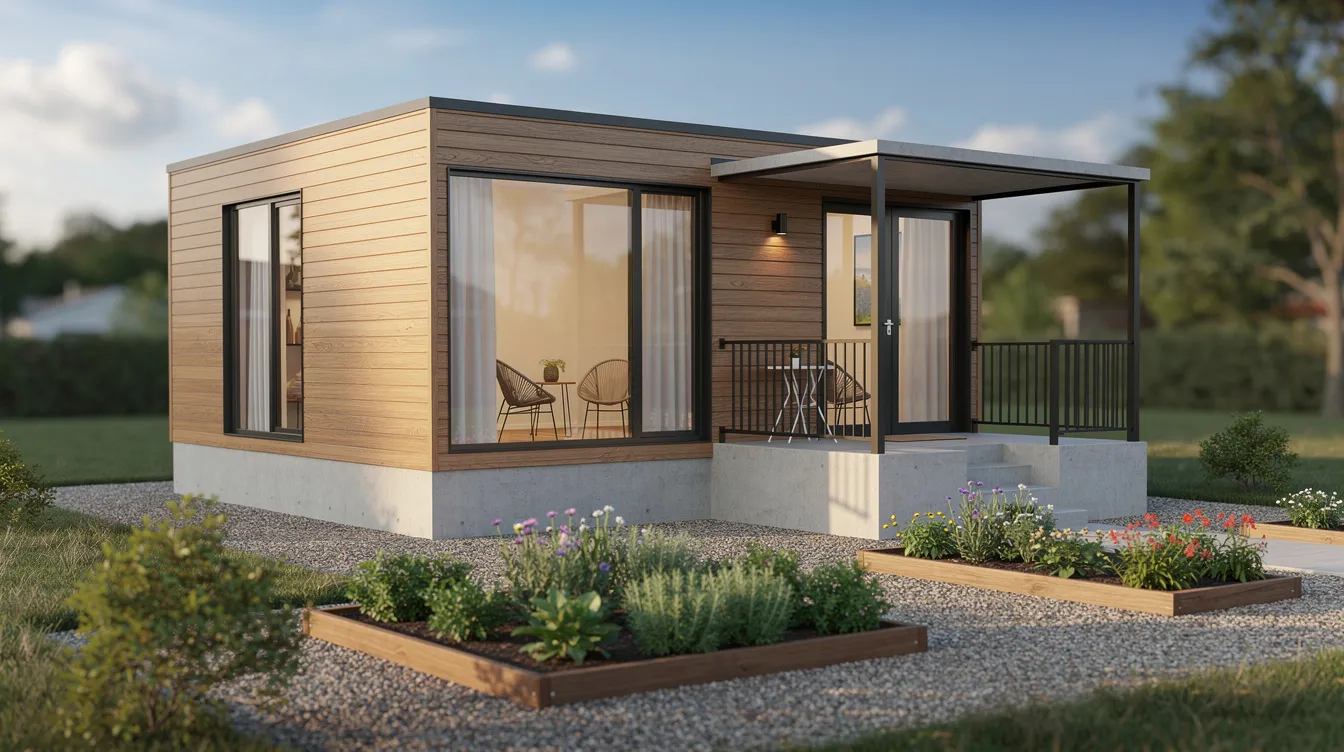 44f282cac5124925816a547b71218da0 The image depicts a modern tiny house situated on a concrete foundation featuring a small porch and a lush garden This tiny home exemplifies the tiny house movement promoting economical living and personalized design perfect for small families or empty nesters