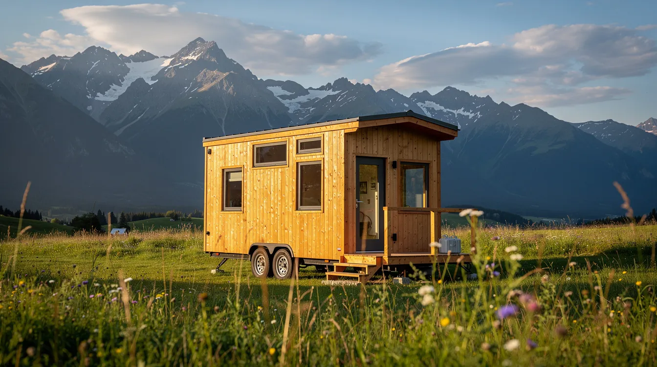 4528be4f15d54fc086d9867055734a4e A small wooden tiny house is nestled in a vibrant green meadow surrounded by majestic mountains in the background This picturesque scene highlights the charm of tiny house living showcasing the appeal of sustainable living in a beautiful natural setting