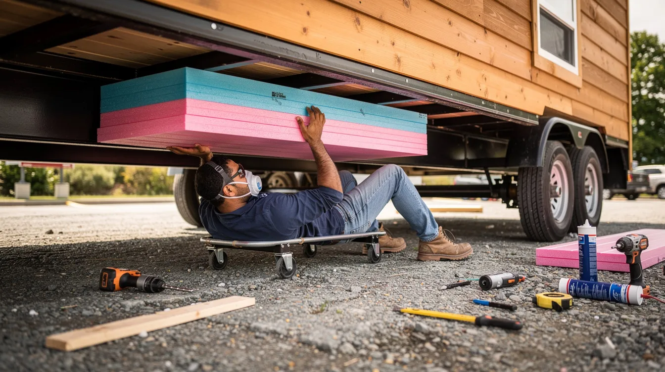 456f1c2127c94bdaa33fb8588fa0f00a A person is seen installing foam insulation board underneath a tiny home on wheels which is essential for effective heating in cold climates This insulation helps tiny homeowners maintain a comfortable temperature and reduce heat loss making their living space more energy efficient