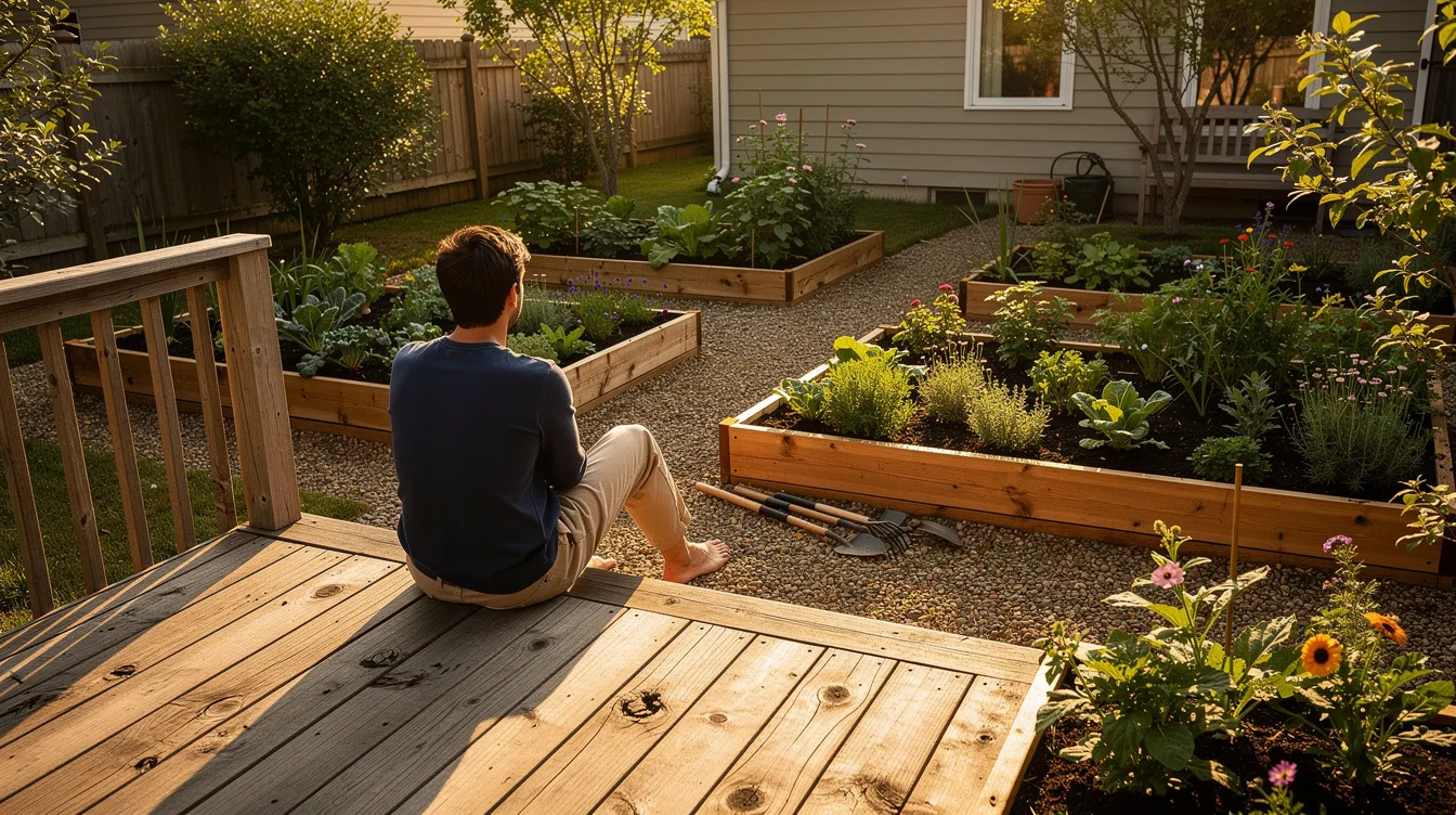 466dd57e14f346d1a85bb49cc6fcec7e A person relaxes on the wooden deck of a tiny home overlooking a lush garden filled with raised beds embodying the simple life of a tiny house community in Florida This scene captures the essence of tiny living showcasing the connection between small homes and vibrant green spaces