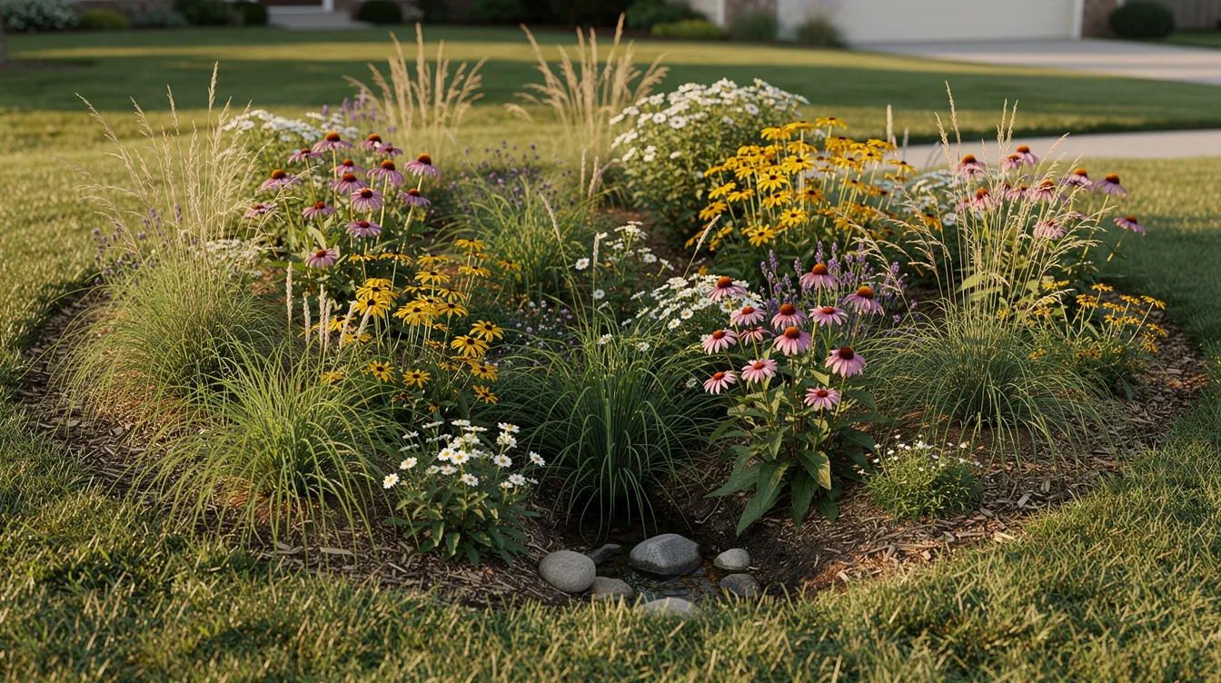 46af6e5cd002408ba95da9256ab22d0c The image depicts a small landscaped depression known as a rain garden filled with native grasses and vibrant flowering plants This garden is designed to collect and manage rainwater contributing to a sustainable rainwater harvesting system that enhances the local ecosystem