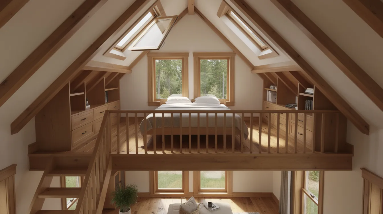 4864158537b247488a72ffb9d60435e4 The image depicts a cozy sleeping loft designed above a 20x20 frame cabin showcasing a triangular shape with ample headroom at the center The loft features built in storage along the eaves and large windows for natural light while a compact stair provides safe access to this functional space within the A frame home