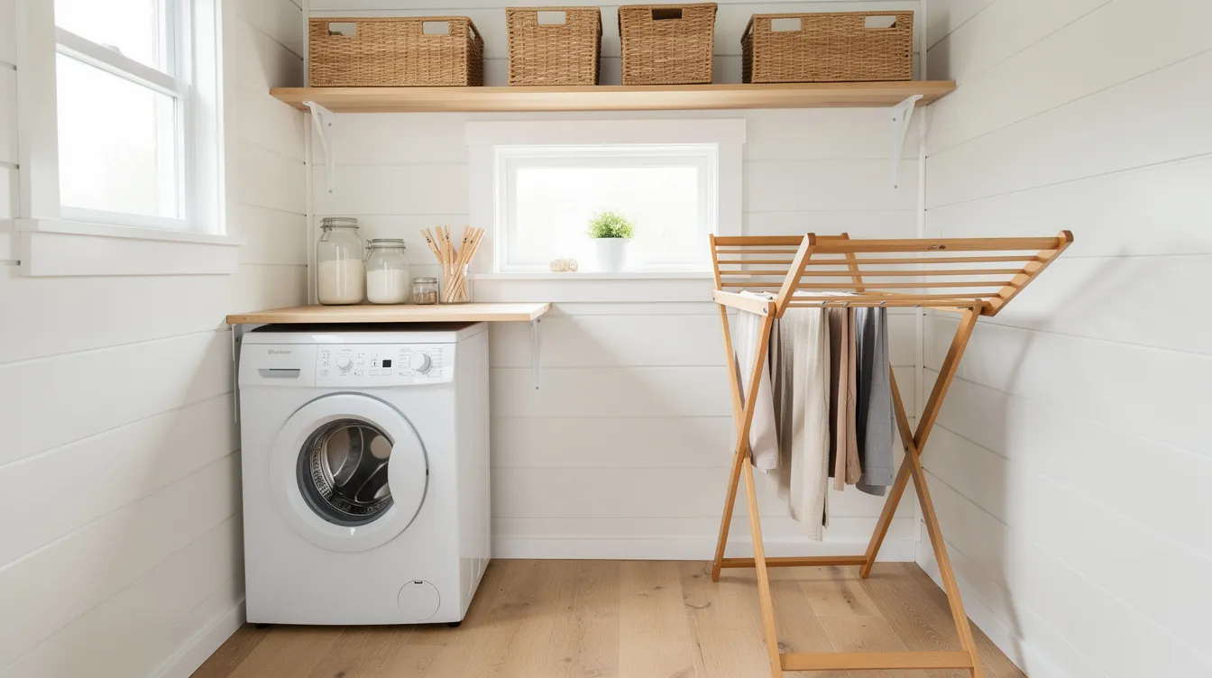 491de004ab054140b5751de3a81e0a2c The image depicts a tidy laundry corner in a tiny house featuring a compact portable washing machine and a wooden drying rack The setup showcases an efficient use of space ideal for small apartments or tiny homes with the washer ready for use and clothes hanging to air dry nearby