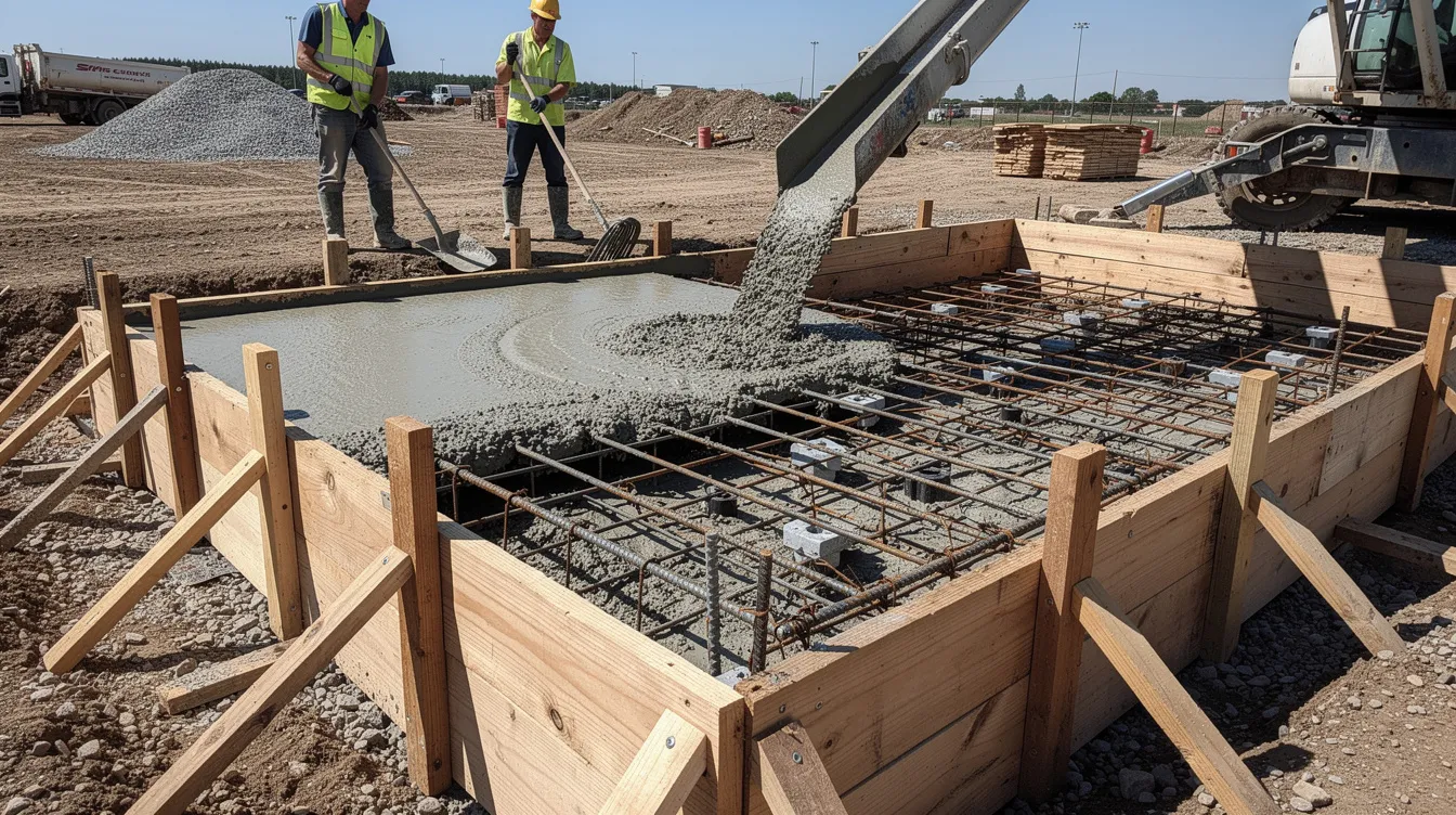 4939448592824128bc7fae912916b3c1 The image shows a concrete foundation being poured with wooden forms and rebar visibly set in place illustrating a crucial step in the construction process of a tiny house This foundation type is essential for creating a stable base potentially allowing for additional living space or storage options in a tiny home