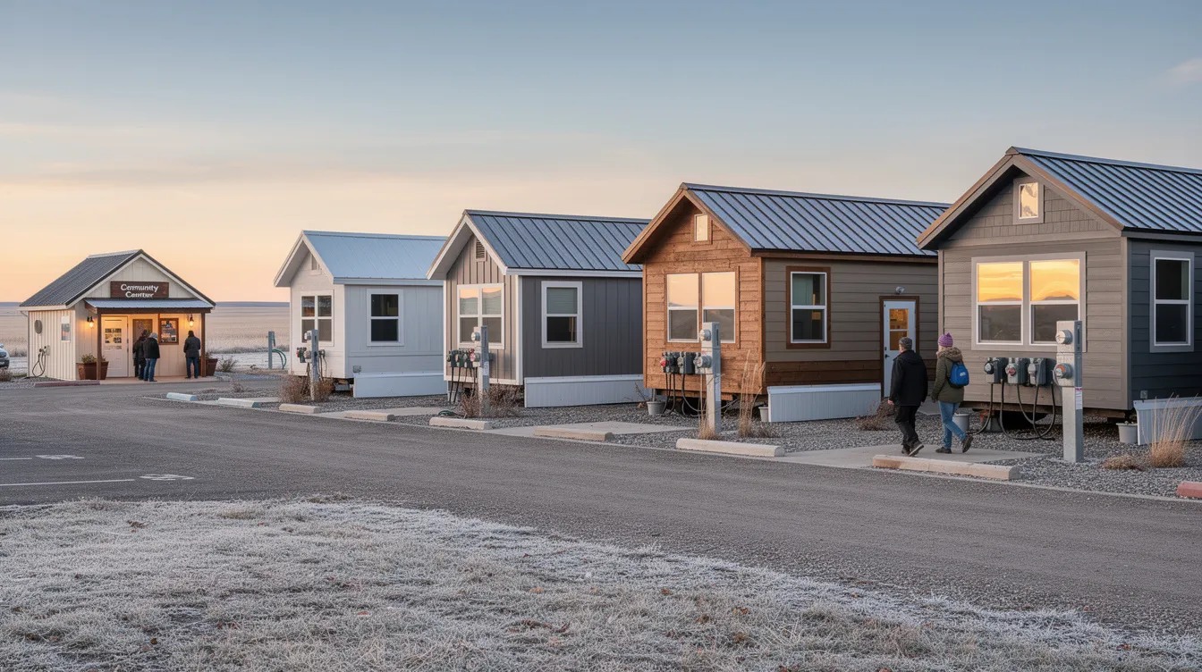 4a1df6962eb24ec4b87e5124e8e8e979 The image depicts a cozy RV park based tiny house community in North Dakota showcasing several park model homes designed for full time living The community features amenities such as full hookups and laundry facilities illustrating a unique lifestyle option for those interested in tiny living