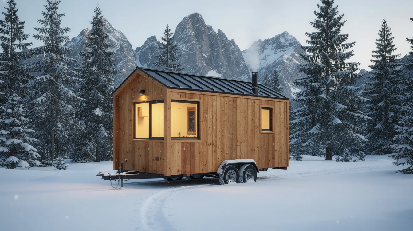 4a51c6d39ba14f4fac9a6a7494a10e1c A small wooden tiny house on wheels is nestled in a snowy mountain landscape showcasing its cozy design amidst the winter scenery The structure likely features high R value insulation such as spray foam insulation to maintain energy efficiency and comfort in the cold climate