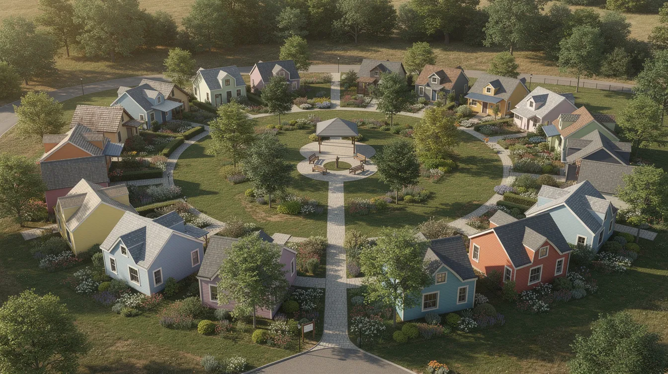 4a92e08b6bd3463b8effa4eedcc6f327 An aerial view showcases a charming tiny house community in Delaware featuring small clustered cottage homes arranged in a village style layout with green spaces for residents to enjoy This community embodies the tiny home movement promoting affordable living options for working families and individuals seeking a simpler lifestyle