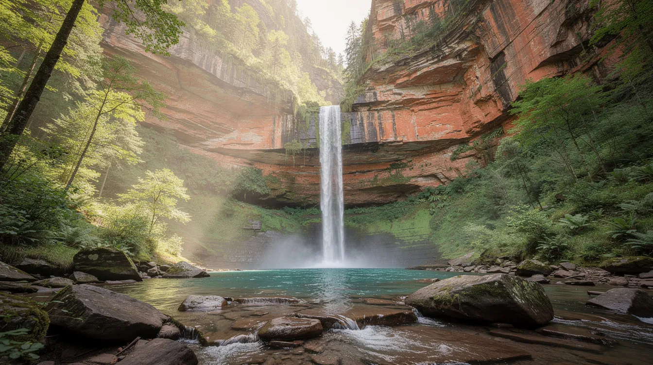 4b3cee1b37964b86bbdfbc8da2be565b The image depicts a dramatic sandstone canyon with a cascading waterfall surrounded by a lush green forest creating a serene and vibrant natural setting that outdoor enthusiasts would enjoy This picturesque location could be an ideal spot for tiny house living offering access to hiking trails and community gardens in a tranquil environment