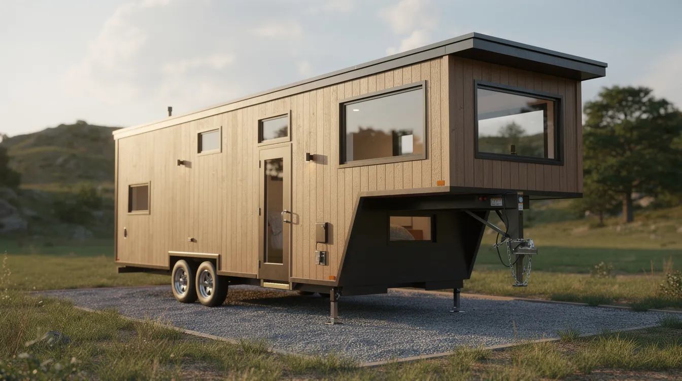 4b667c5b20354b3e9d6260f2dd068989 A gooseneck tiny house trailer is parked outdoors showcasing its elevated front bedroom section which features a cozy sleeping area and smart storage solutions This tiny home exemplifies efficient use of limited space highlighting thoughtful tiny house floor plans designed for comfortable living