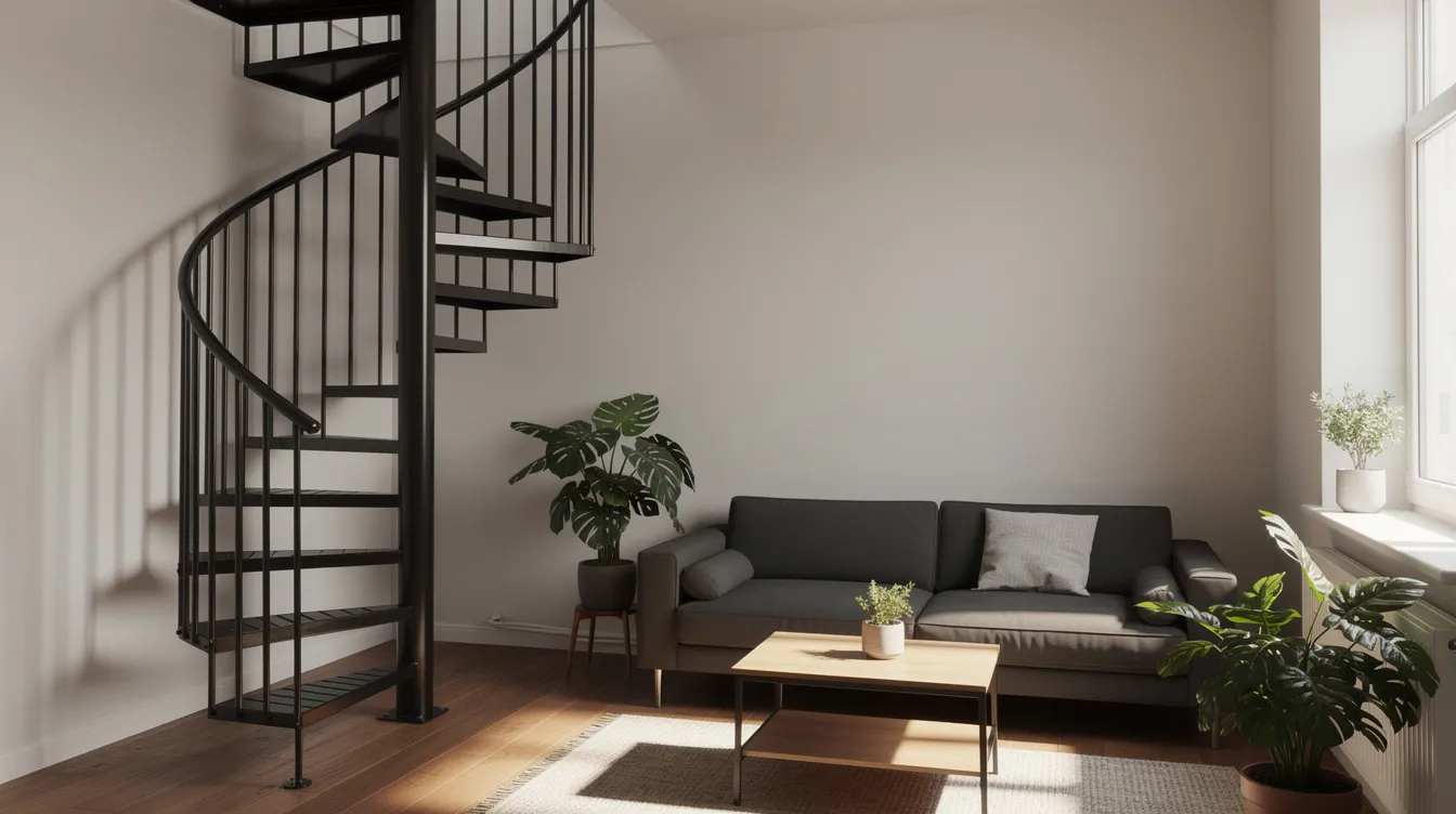 4b8fd175748c4e85a994e32d6c387ed4 A compact metal spiral staircase is nestled in the corner of a small living space providing a stylish and space saving solution for accessing a loft area This tiny spiral staircase is an ideal design choice for tiny homes maximizing storage space while enhancing the overall aesthetic of tiny living spaces