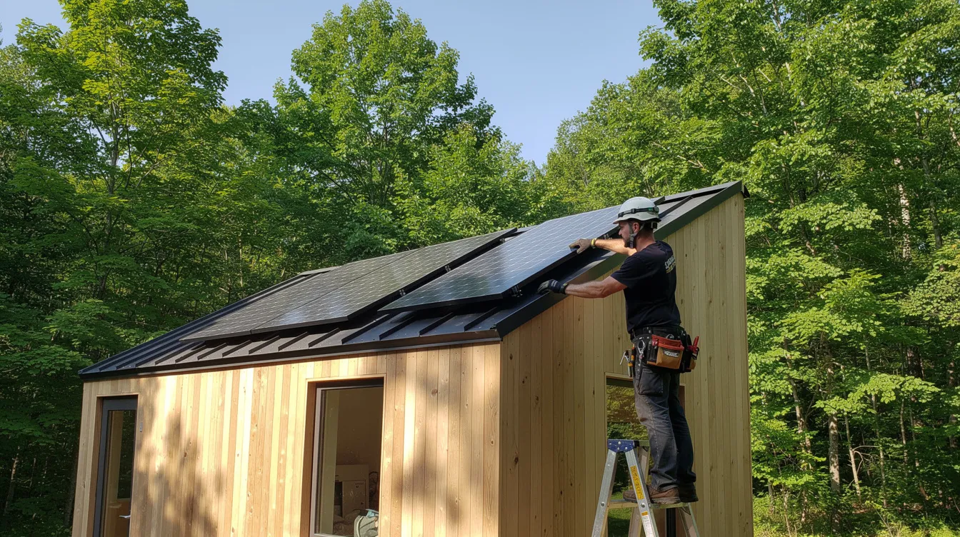 4b99428578fe4f79ad2340776a6f6c7f A person is on a small ladder installing a solar panel on the roof of a tiny house surrounded by green trees highlighting the importance of solar power systems for minimizing energy usage and reducing electricity bills This solar panel installation demonstrates how tiny house owners can effectively harness renewable energy to meet their energy needs