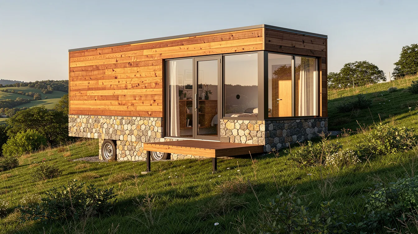 4bac74acf9ee42c4b3063b48df9f29d7 The image features a charming cedar clad tiny house perched on a hillside showcasing unique architectural features and stone accent skirting The design incorporates natural materials and is enhanced by solar powered lights and vibrant hues creating a warm and inviting exterior that blends seamlessly with the surrounding environment