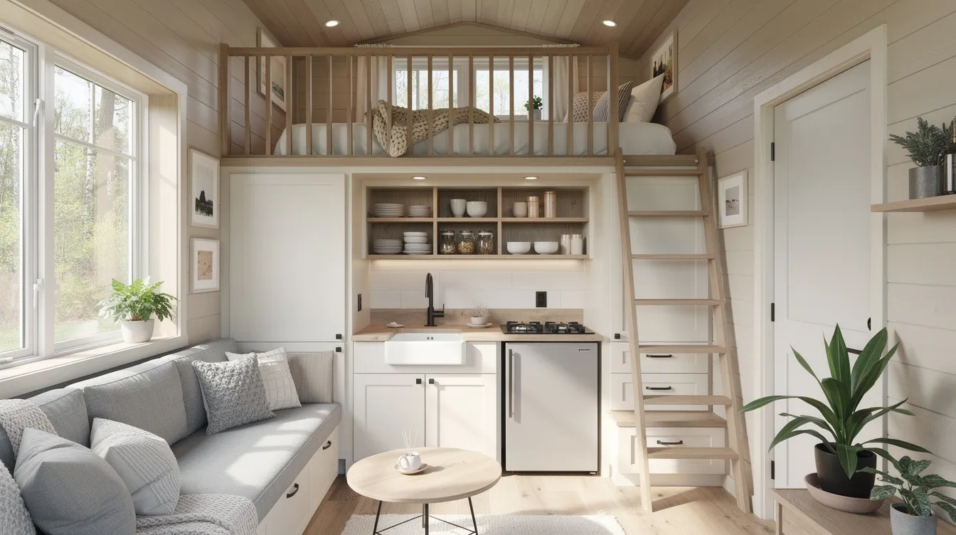 4c014141c7514453b50d79737df7f248 The image depicts the interior of a tiny home featuring a compact kitchen with essential appliances and a cozy sleeping loft above illustrating the efficient design and use of floor space typical in tiny living This space exemplifies the concept of a livable home within the legal definitions and minimum size requirements of tiny house regulations