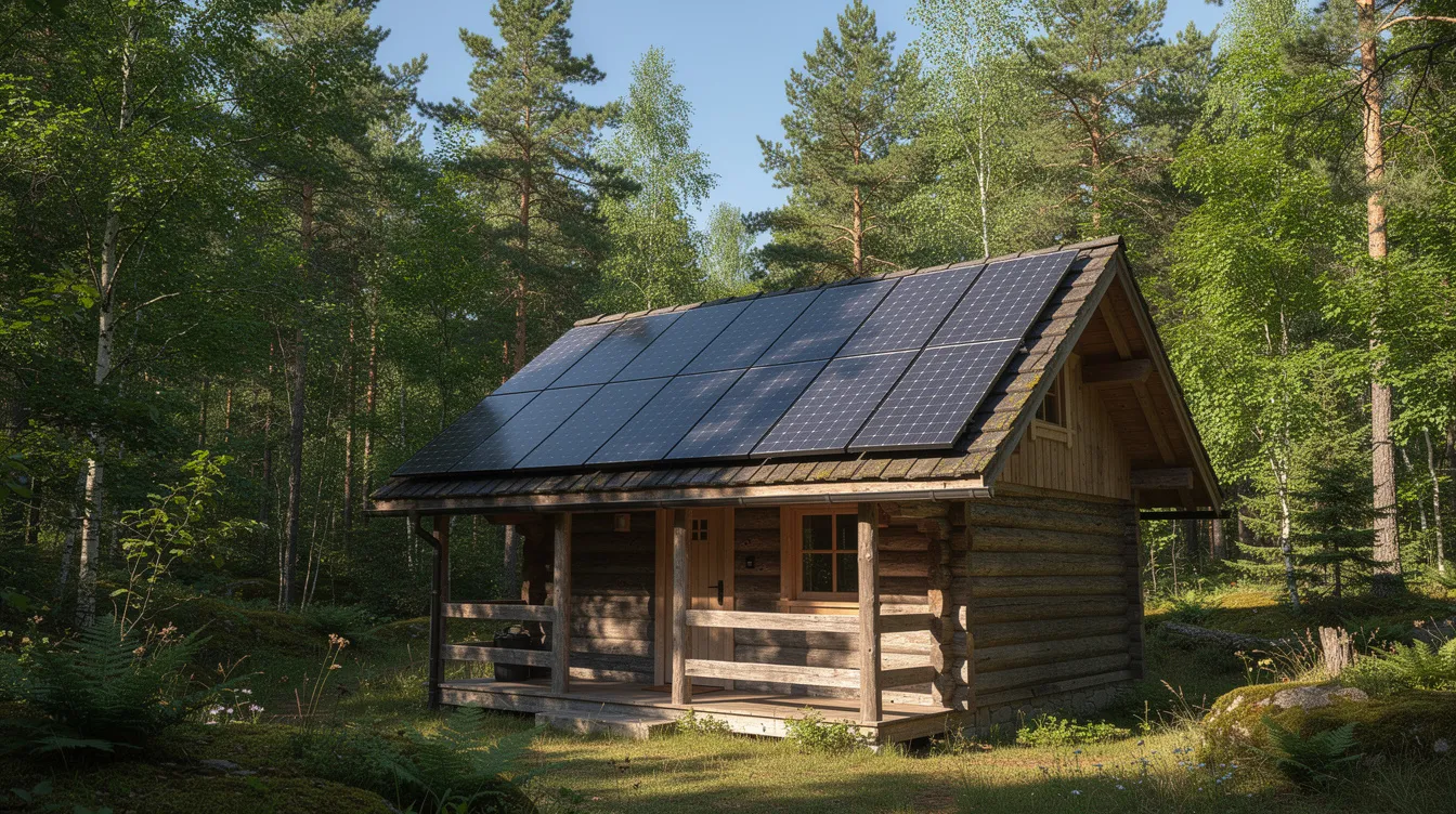 4c4699fe2d6b40c0855a258c2d90a769 The image shows a small wooden cabin with solar panels on its roof nestled among trees highlighting the concept of tiny living in a natural setting This eco friendly tiny home reflects the growing trend of sustainable construction in communities across Iowa