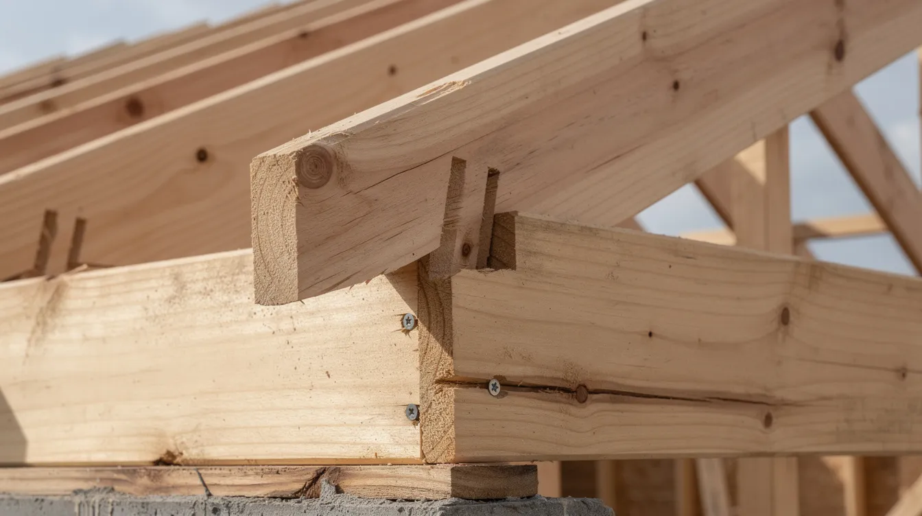 4d60a10027a84b1ca9bcbab2d3c0c0e4 The image shows a close up view of roof rafters with precise bird's mouth cuts, resting on the top plate of a tiny house wall, illustrating essential elements of roof framing in tiny house construction. This detail highlights the structural integrity needed for a tiny home build, ensuring a solid foundation for the roofing material.