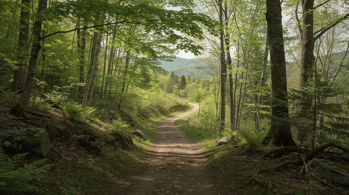 4d83ba047aed43a0baa0b53ee5353a55 The image depicts winding mountain biking trails surrounded by lush green woodland typical of New England inviting outdoor enthusiasts to explore the natural landscape The scene captures the essence of adventure and tranquility reflecting a lifestyle that harmonizes with nature