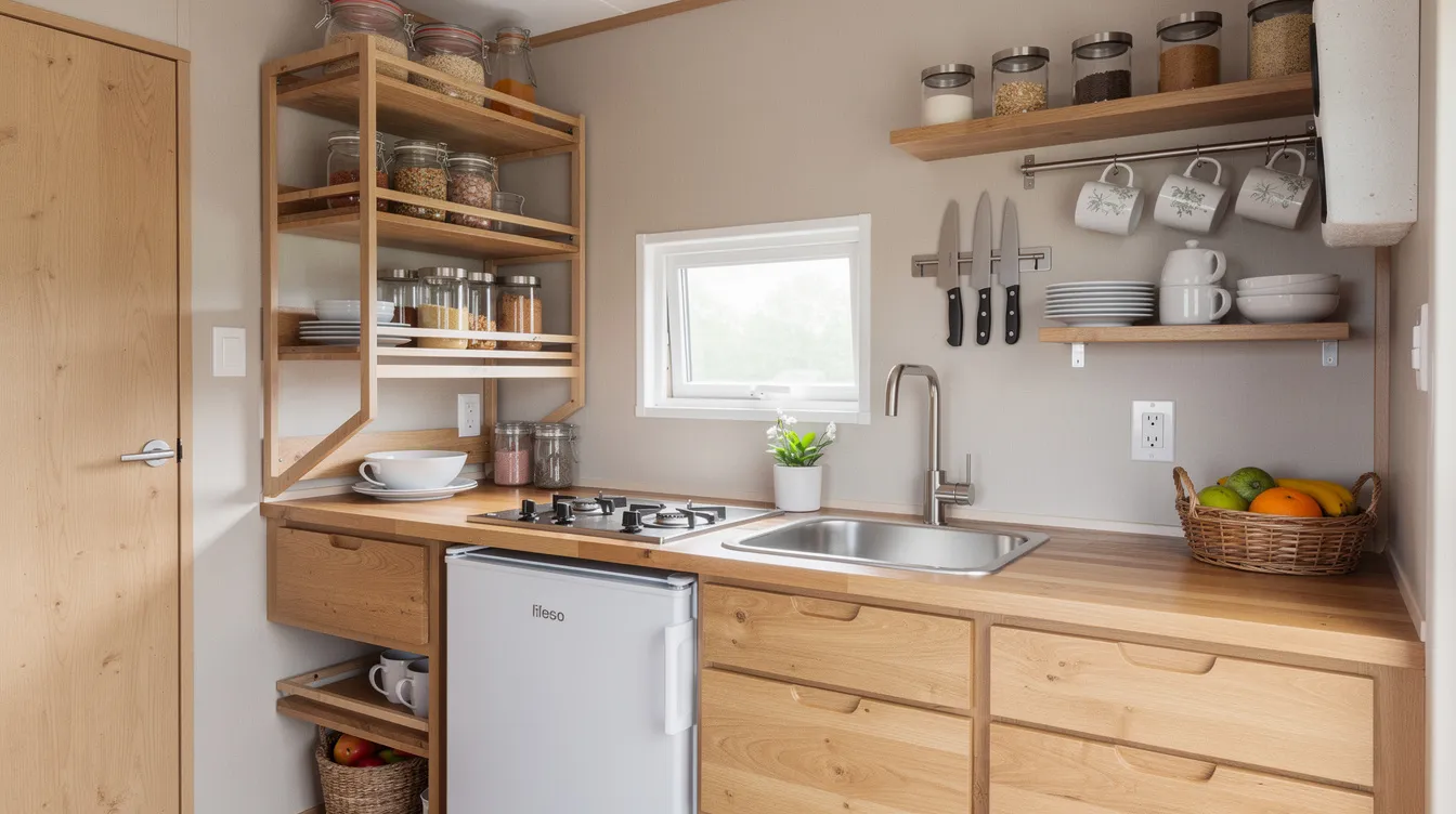 4d907f04ae9f488e90351a428f02d264 The image depicts an organized tiny house kitchen featuring wooden cabinets compact appliances and innovative storage solutions showcasing the practicality and efficiency of tiny living This cozy space exemplifies the tiny house lifestyle making the most of a small area for comfortable living