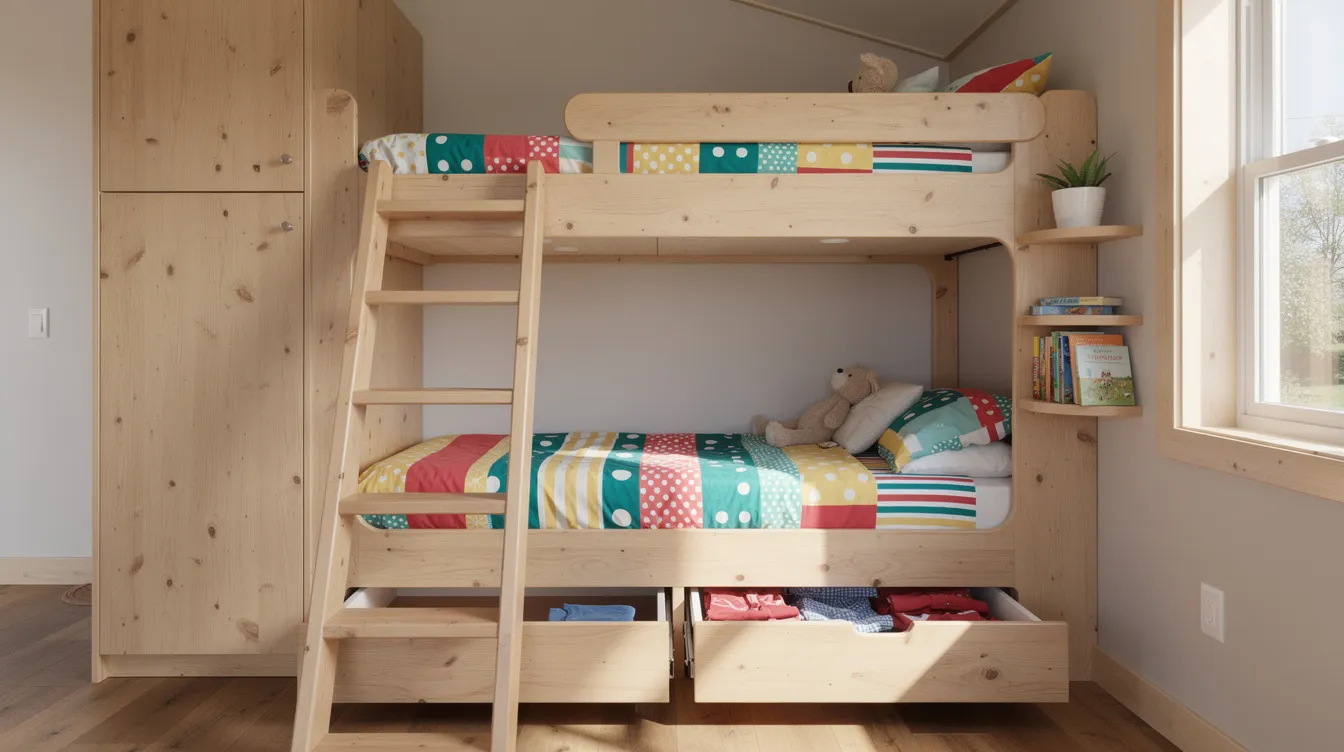 4e0863d570804cf89c384134adb211b5 The image features a cozy tiny house interior showcasing a pair of bunk beds with a sturdy ladder adorned with vibrant bedding This functional sleeping area maximizes vertical space while offering an inviting atmosphere for family members and guests in a small living space