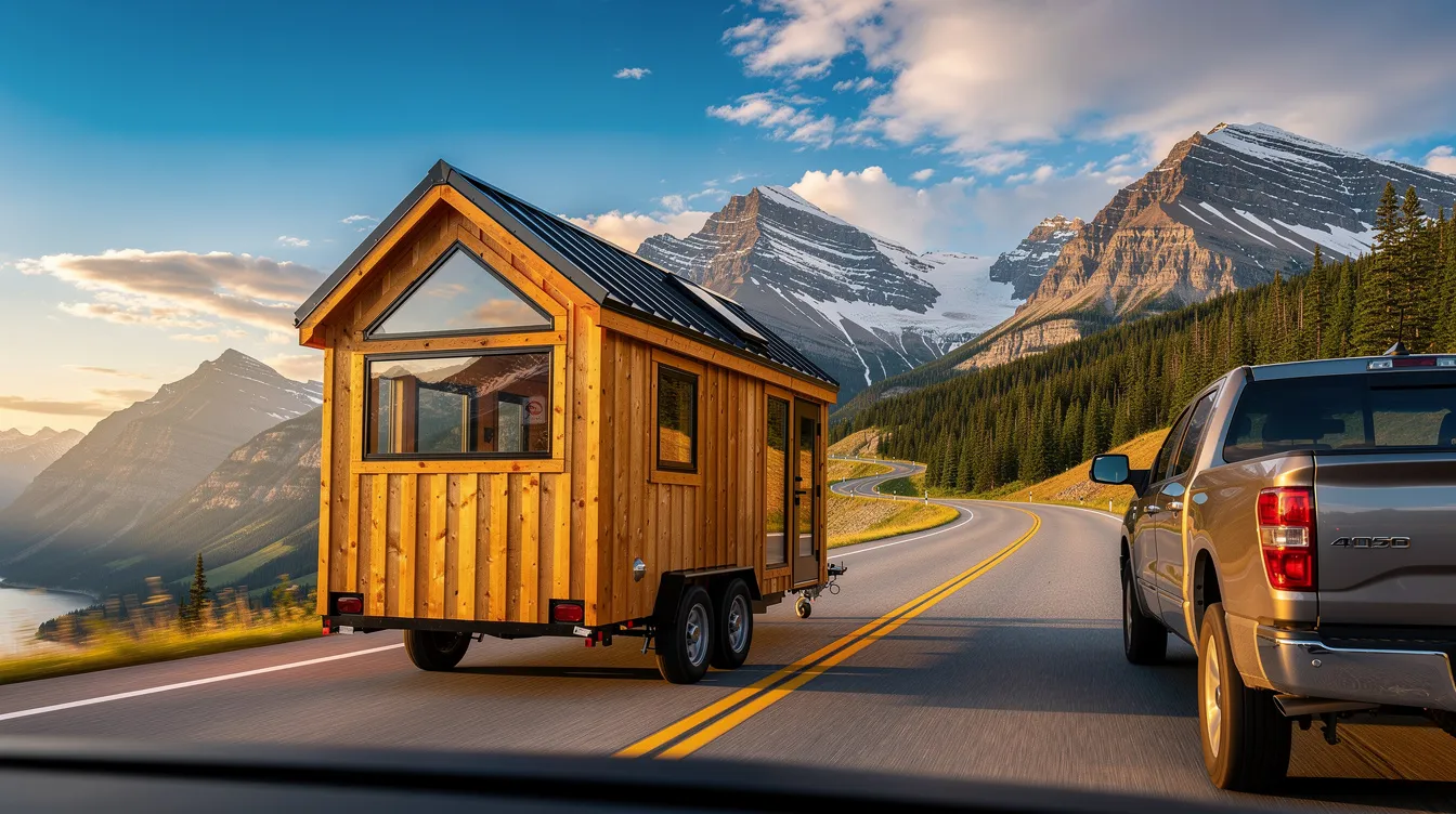 4e29782a16914087bd487e6a9e87a026 A tiny house on wheels is being towed down a scenic highway flanked by majestic mountains in the background This picturesque scene highlights the journey of a tiny house owner showcasing the complexity of tiny house relocation and the importance of proper equipment for safe travel
