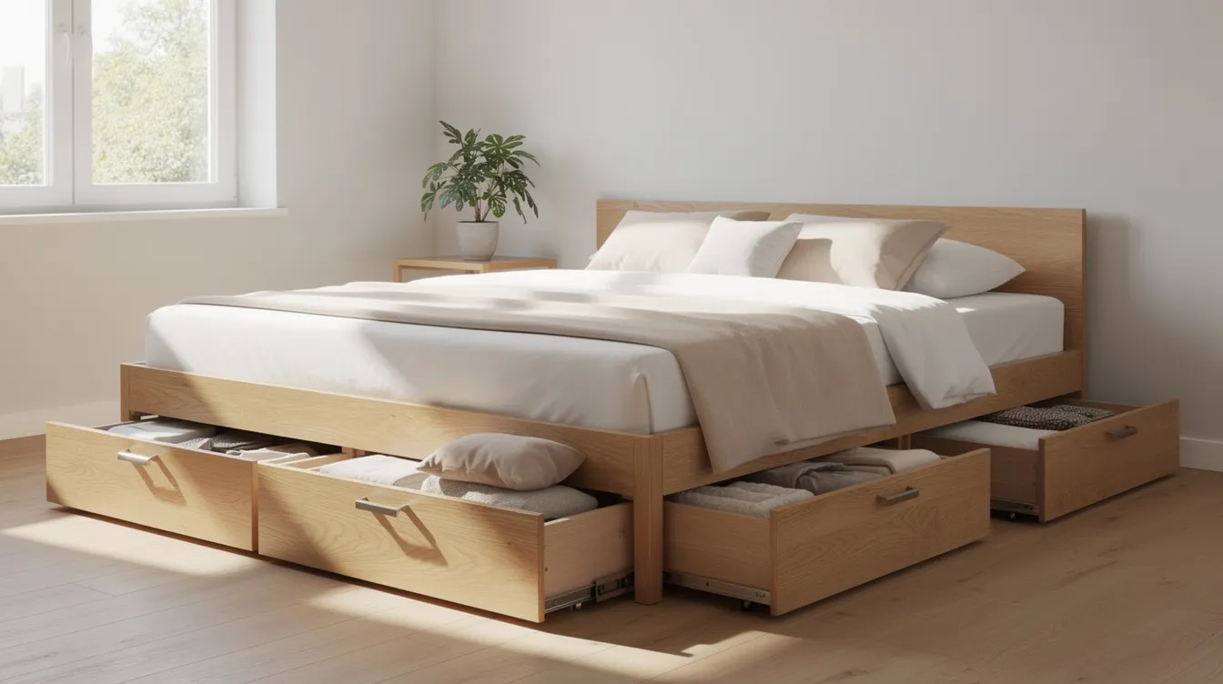 4ee9a95e7ab144578672eb92ea1aff97 A sunlit bedroom features a wooden platform bed with multiple pull out drawers underneath maximizing hidden storage in this tiny house living space The design creates an ideal solution for small spaces offering both functionality and style