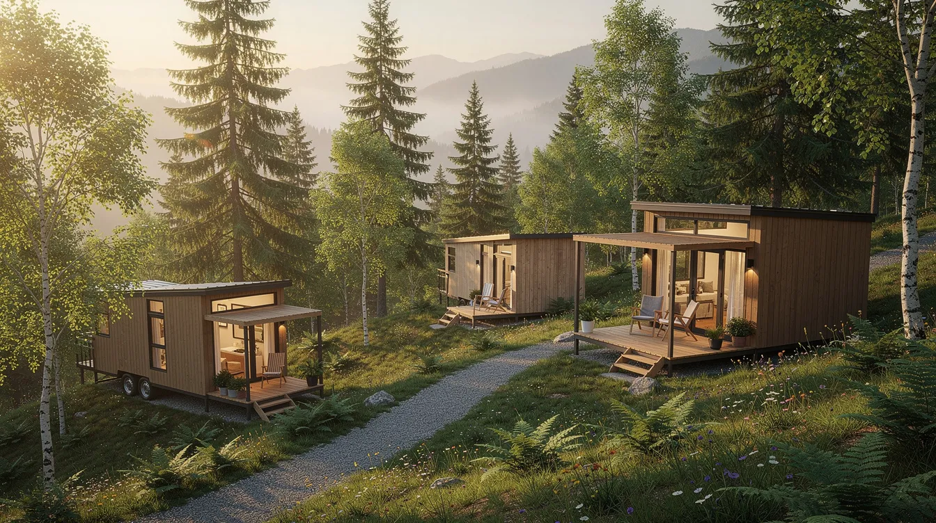 4f905ef5285c4cf1b906e73912960d29 The image depicts a cozy tiny house community nestled among lush trees on a scenic hillside showcasing twelve beautiful cottages that embody tiny living This inviting setting features green spaces outdoor seating areas and walking trails creating a real life fairy tale atmosphere in New York's Finger Lakes region.