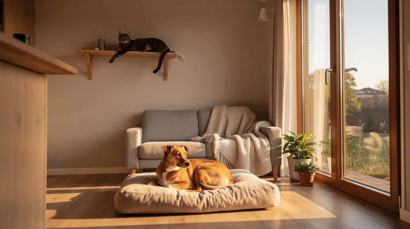 5095c5e089144e51875dc411522ac69a The image depicts a cozy tiny house interior where a medium sized dog is peacefully resting on a cushion near a large window while a cat lounges comfortably on a wall mounted shelf showcasing the harmony of tiny home living with pets The warm atmosphere emphasizes the charm of living in a small space with furry friends